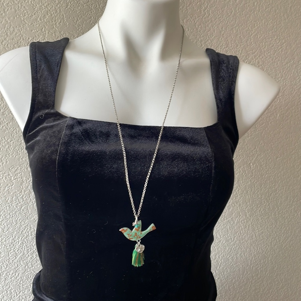 Silver Tone Necklace with Cloisonné Dove Pendant and ❤️ Charm with Tassel